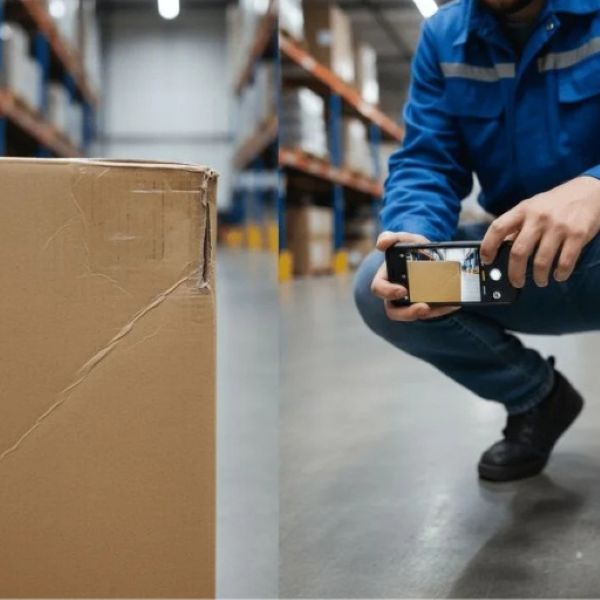 段ボール箱の傷やへこみがないか確認している