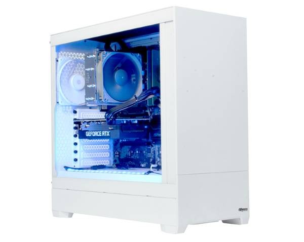 サイコムの白いゲーミングPC「G-Master Velox II」の内部が青く光る外観