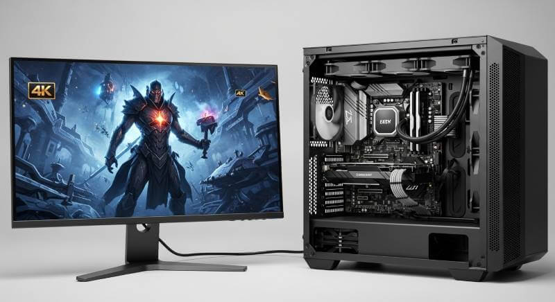 4K高画質映像を映し出すモニターと内部パーツが見えるハイエンドゲーミングPC