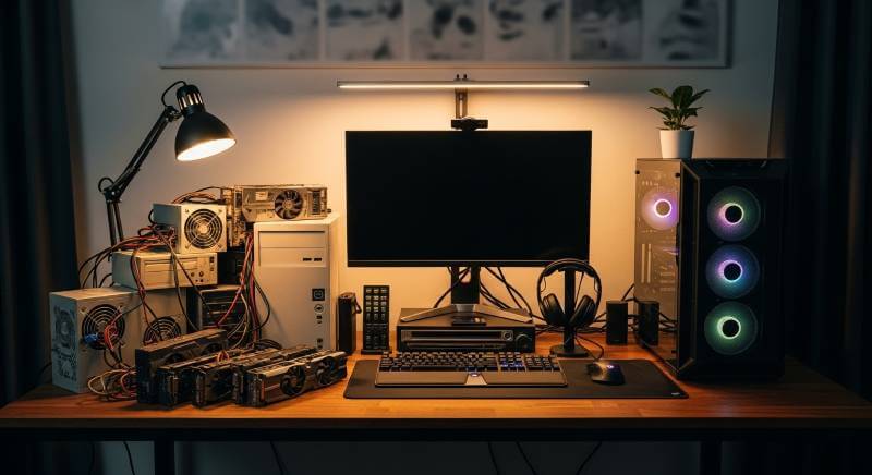 高性能なゲーミングPCと、横に置かれた寿命が来た古いグラフィックボードや電源ユニット。買い替えのタイミングを示すプロのゲーミングデスクの様子。