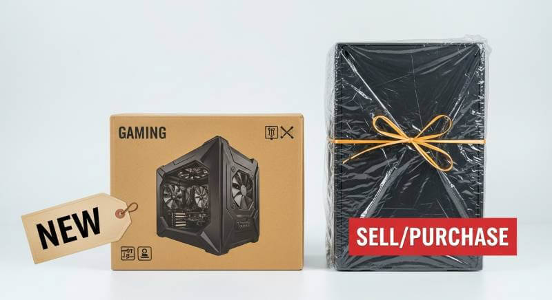 新しいゲーミングPCの箱と、買取のために梱包された古いPCを比較している日本人の手元。PCの買い替えと売却の計画を立てる様子。