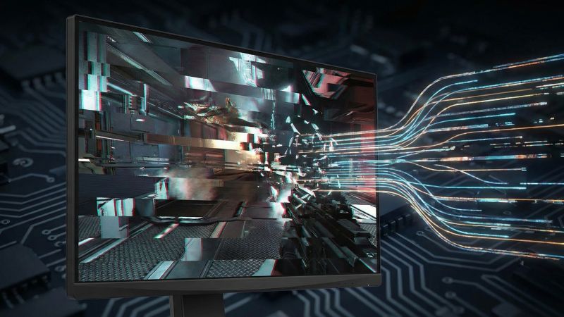 PCケース内部のグラフィックボードとCPU間でデータ転送が行われる様子のイメージ