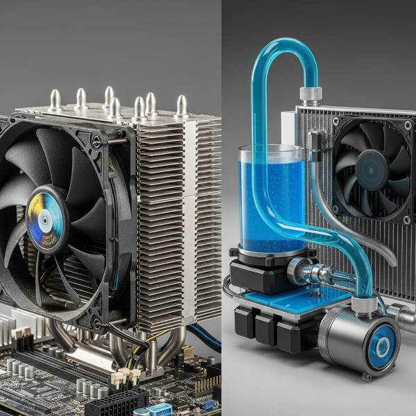 CPUクーラーの空冷式（左）と水冷式（右）の仕組みと外観の比較画像