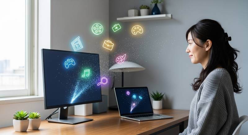 ハイスペックPCの基礎知識と多様な用途をイメージさせるデスクトップとノートPCのある書斎