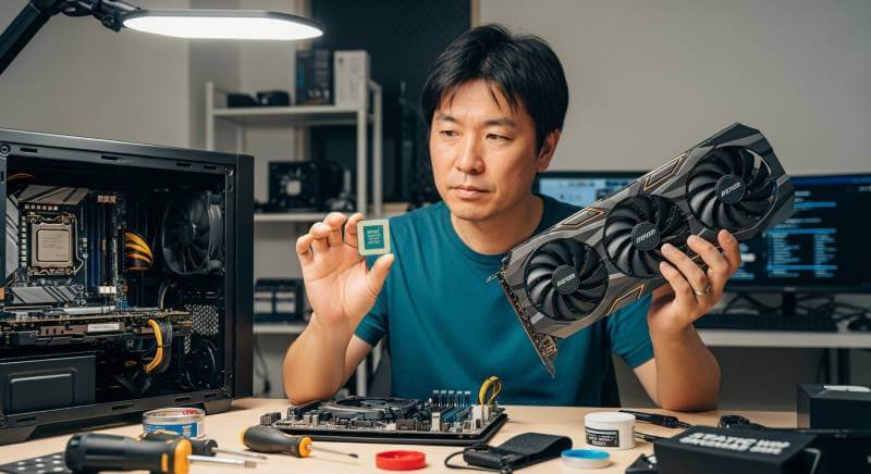 ゲーミングPCの構成パーツであるCPUとグラフィックボードを比較する様子