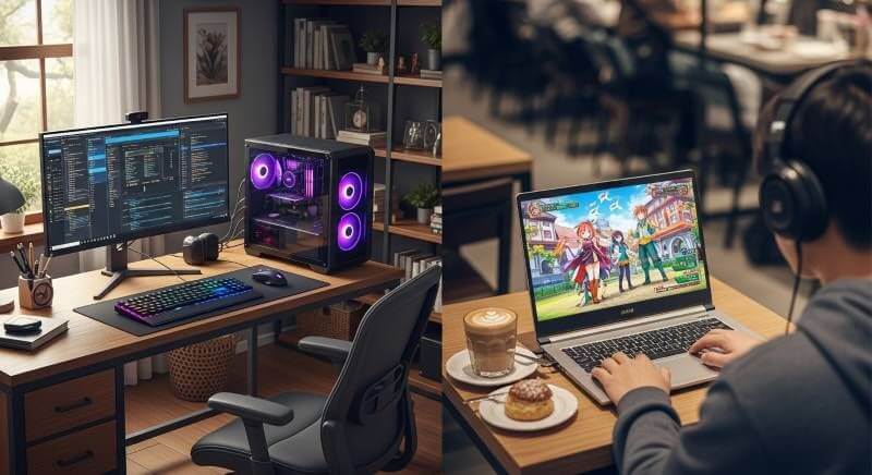自宅のデスクに置かれた大型のデスクトップPCと、カフェのような場所で作業しているゲーミングノートPCの対比。