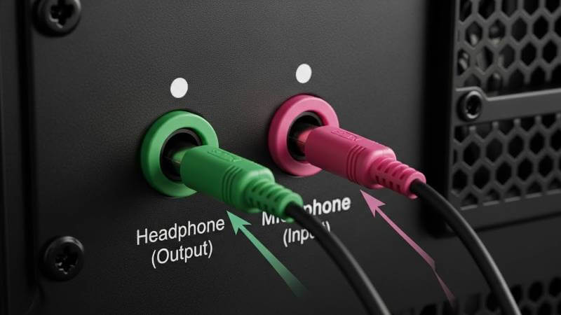 ゲーミングPCのヘッドセット接続方法。緑色の端子はヘッドホン、ピンク色の端子はマイクにつなぐ基本ルール。