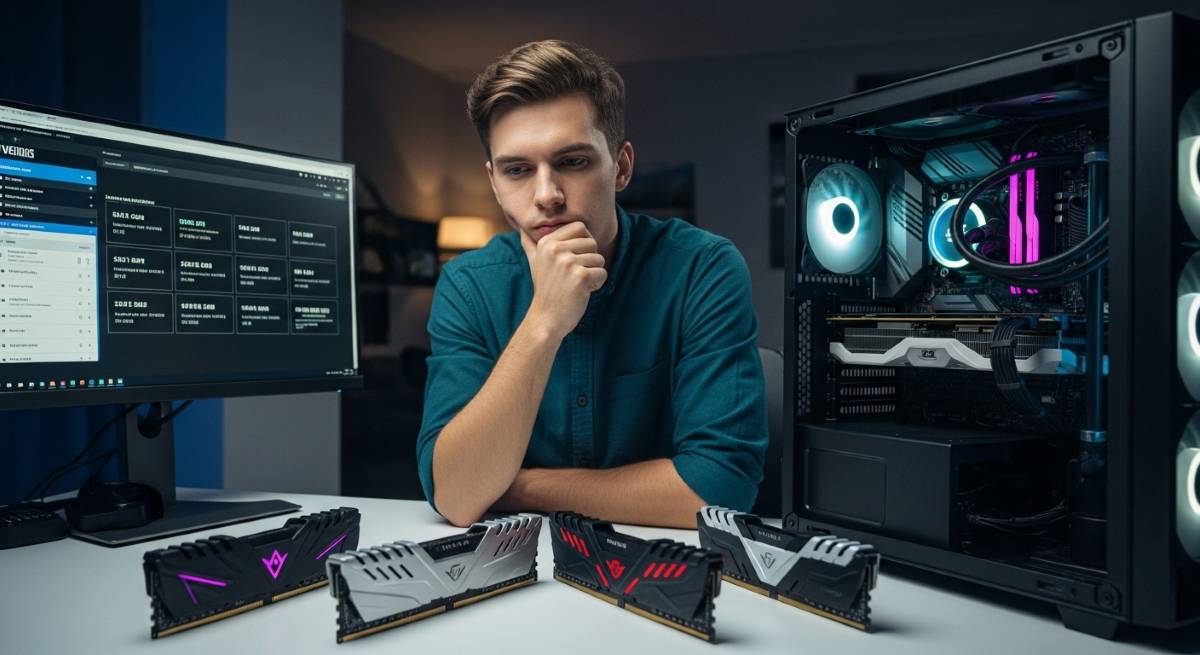 ゲーミングPCと複数のメモリ（RAM）を見比べ、悩んでいる男性の画像