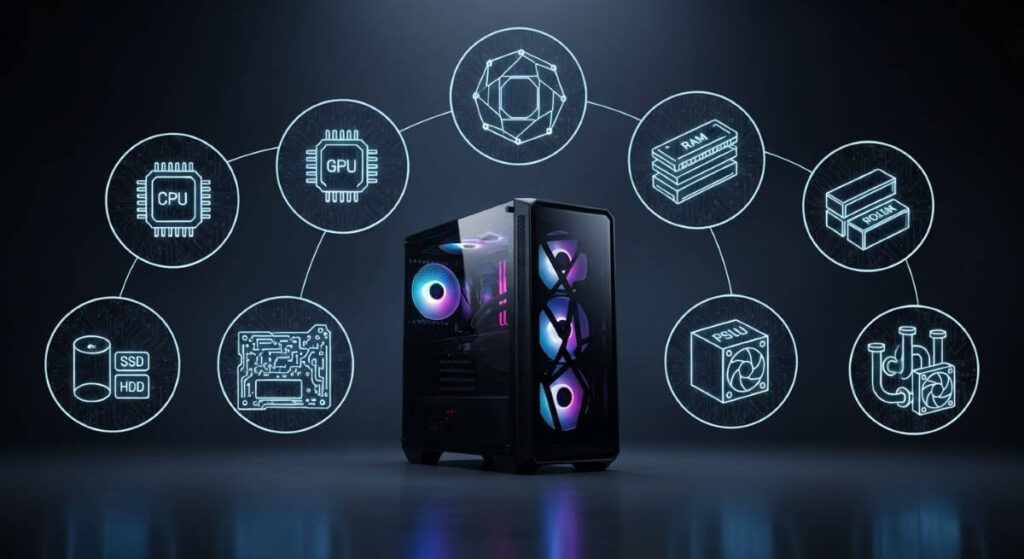 ゲーミングPC本体と、それを取り巻く主要パーツ（CPU、GPU、メモリ、SSDなど）の構成図