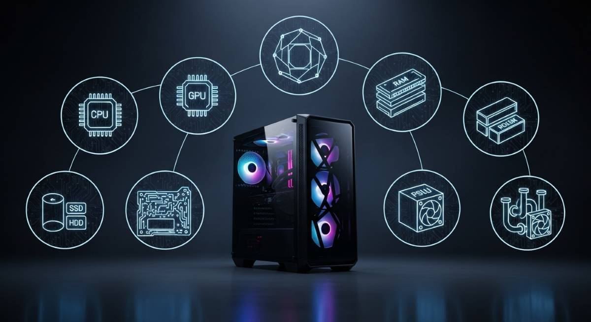 ゲーミングPC本体と、それを取り巻く主要パーツ（CPU、GPU、メモリ、SSDなど）の構成図