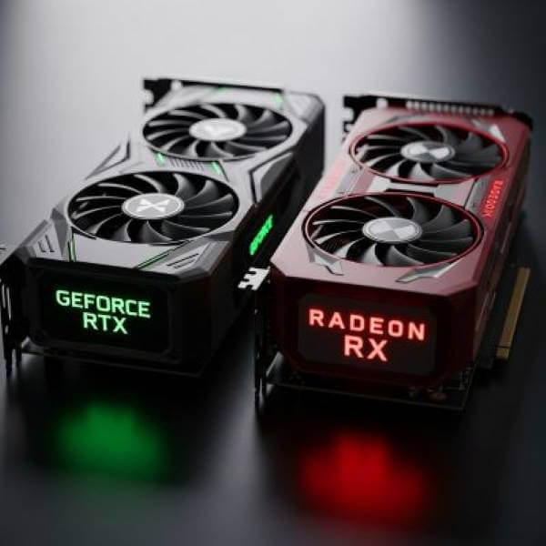 NVIDIA GeForce RTX（緑）とAMD Radeon RX（赤）の2つのグラフィックボード（GPU）の画像
