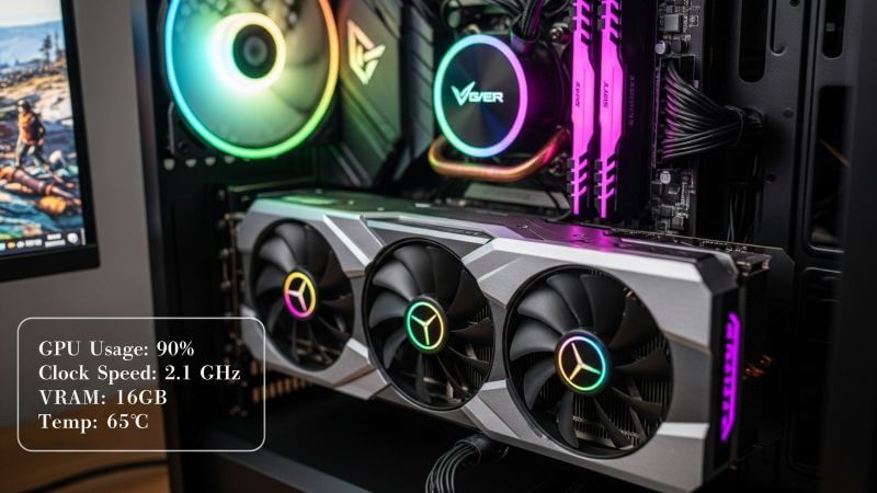 ゲーミングPCの高性能なグラフィックボード（GPU）をクローズアップした写真。3D描画と動画エンコード能力の高さを示す。