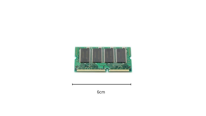 ノートPC用メモリ（SO-DIMM）の画像とサイズ（6cm）