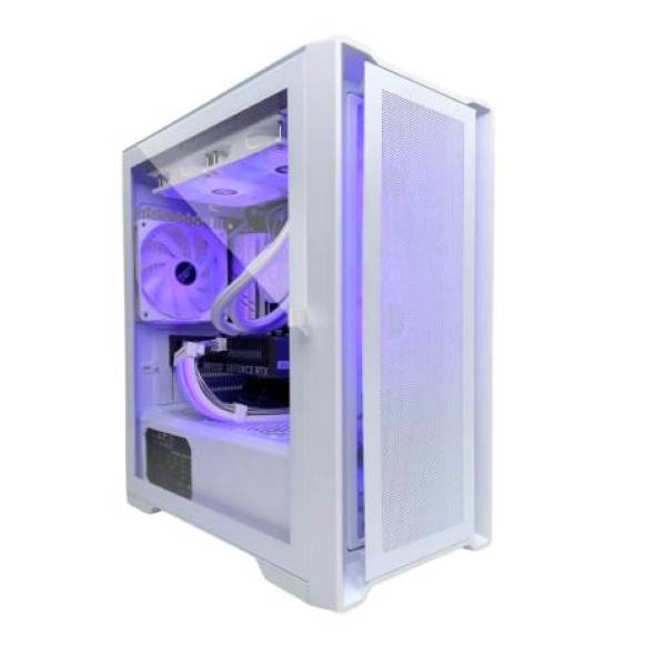 MD35124（Core i5 12400F・RTX 3050搭載）の白いメッシュPCケースの外観（内部が紫に発光）