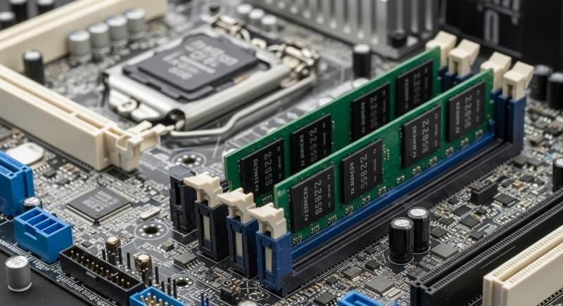 マザーボードの4つのメモリスロットに2枚のメモリが挿さっている画像