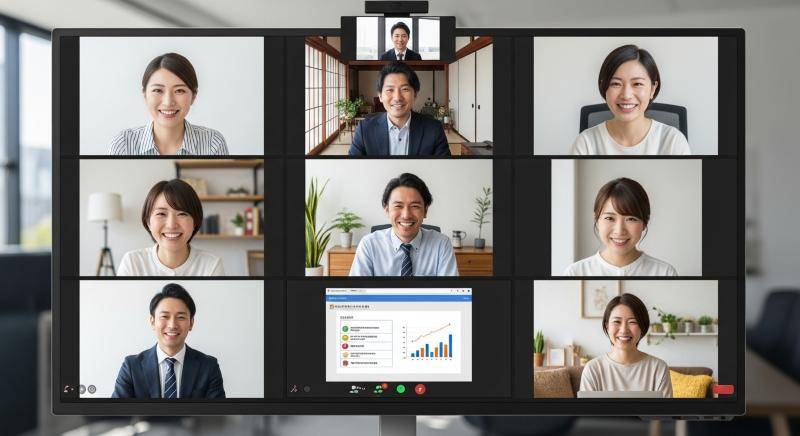 ゲーミングPCの大きなモニターに映し出された、9分割のオンライン会議（Zoom）の画面
