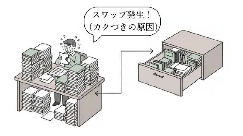 メモリ不足によるスワップ発生（カクつきの原因）を、狭い机と保管庫で例えた図解