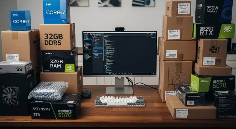 パソコンのキーボードとモニターが並ぶ机の上で、Core i7、32GBメモリ、RTX 4070といったPCパーツのラベルが貼られた積み重ねられた箱。