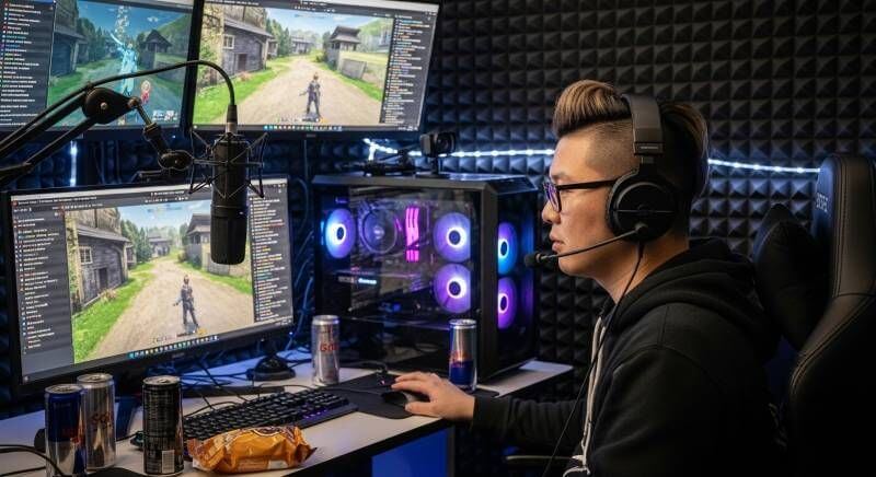 ゲーミングPCを使ったゲーム実況配信ブース。マイクとカメラを設置し、アジア人の配信者がヘッドセットをつけている様子。