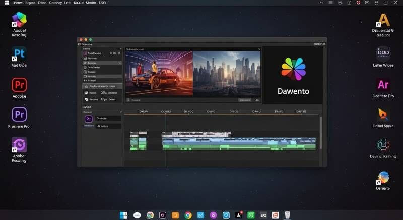 Adobe Premiere ProやDaVinci Resolveなどの動画編集ソフトのアイコンが並んだデスクトップ画面