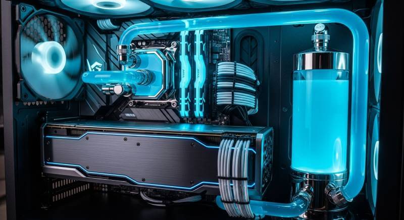強力な水冷システムと最新GPUを搭載した最強スペックのゲーミングPC内部