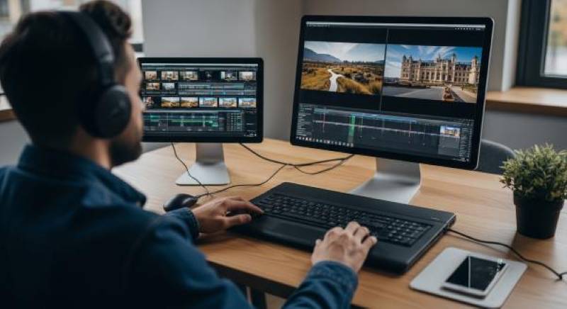 ゲーミングPCのデュアルモニターで動画編集ソフトを操作している男性