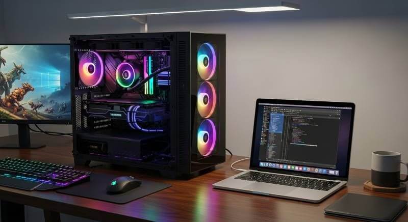 RGBライティングされたゲーミングPC（Windows）と、シンプルでスタイリッシュなMacBook Proが並べられ、それぞれの特徴を対比させた様子。