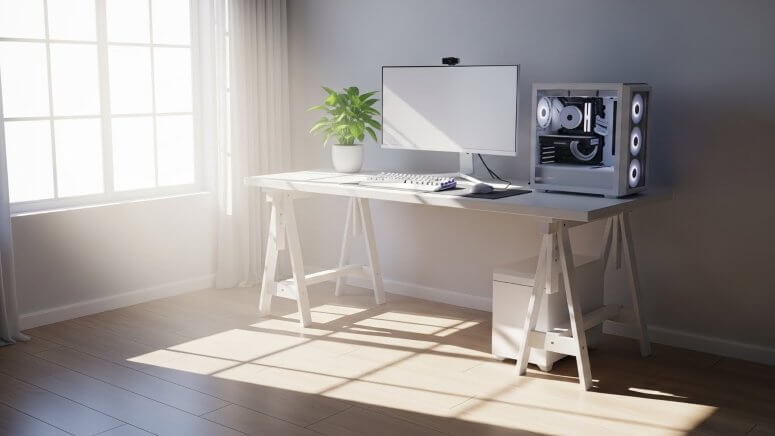 朝の光が差し込む清潔で整ったゲーミングPCデスク環境