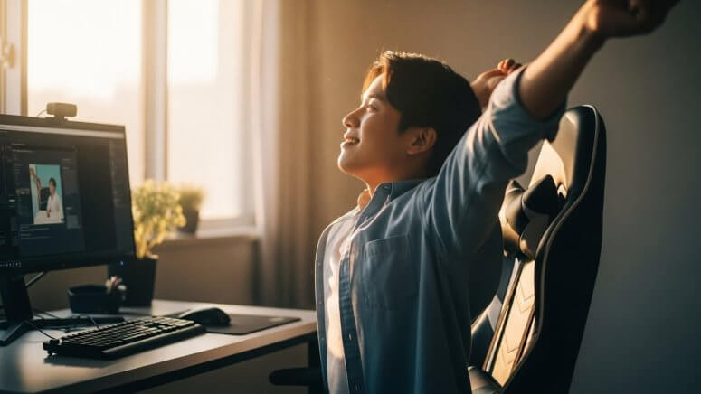 ゲーミングPCでの作業を終え、充実した表情で未来を見据える大学生