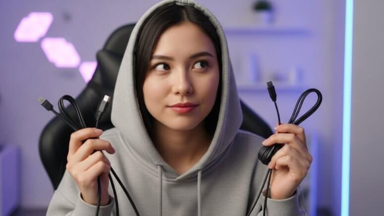 ディスプレイケーブルを2本持ち、HDMIとDisplayPortのどちらを使うか検討している私服の日本人女性