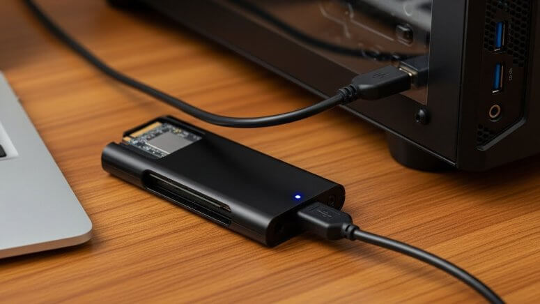 ゲーミングデスクトップPCとケーブルで接続されデスクに置かれたSSDアダプタ