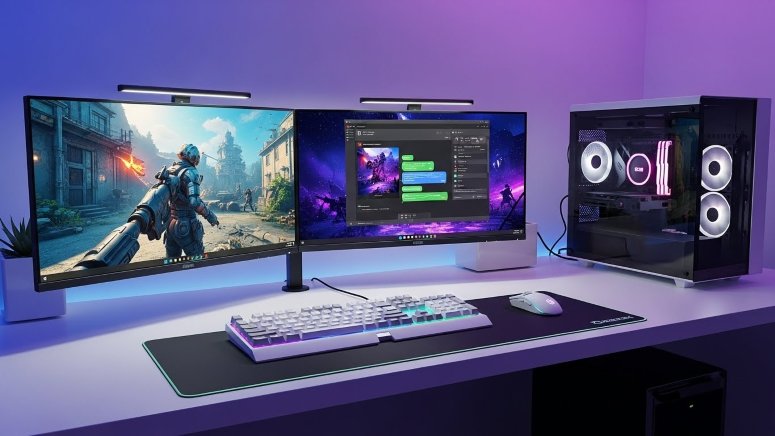 FPSゲームとチャット画面を同時に表示している、白で統一されたお洒落なデュアルモニターのゲーミングデスク環境