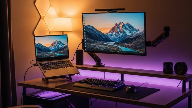 一人暮らしの部屋に設置されたゲーミングノートPCとデュアルモニターのデスク環境