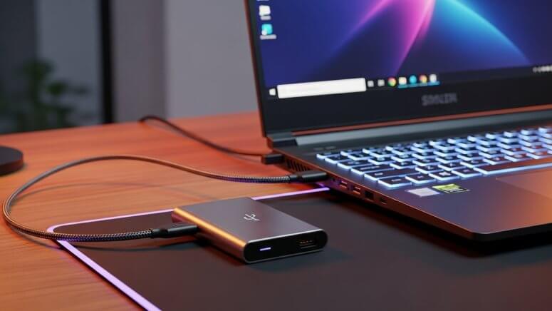 ゲーミングノートPCに接続された高速な外付けポータブルSSD