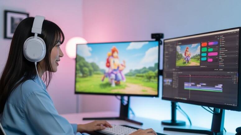 デュアルモニターのゲーミングPCで動画編集とゲーム実況を行う女性配信者
