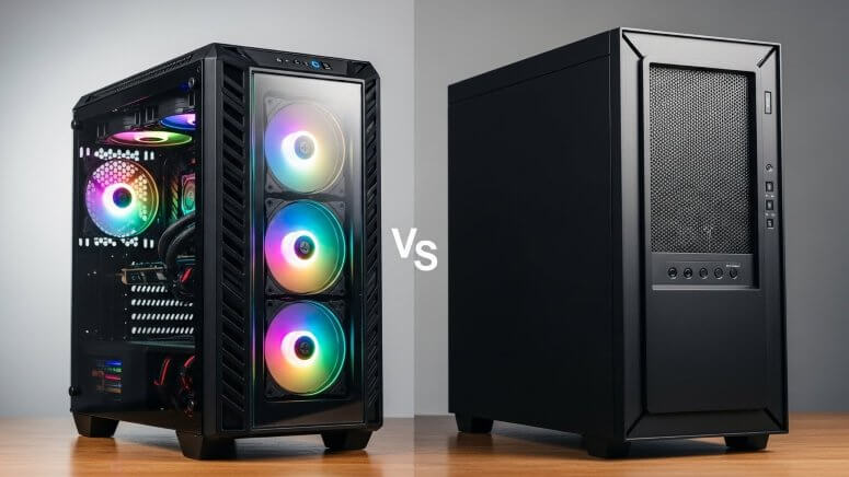 派手なLED搭載ゲーミングPCケースと、静音性重視のシンプルなクリエイターPCケースのデザイン比較