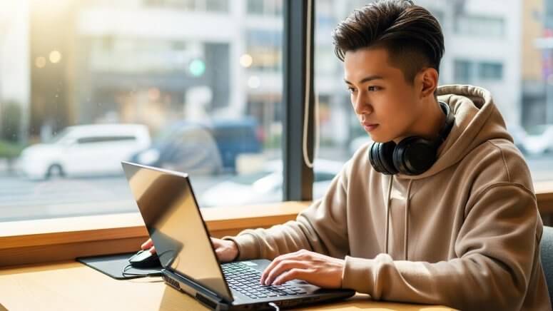 カフェでゲーミングノートPCを使用する日本人大学生