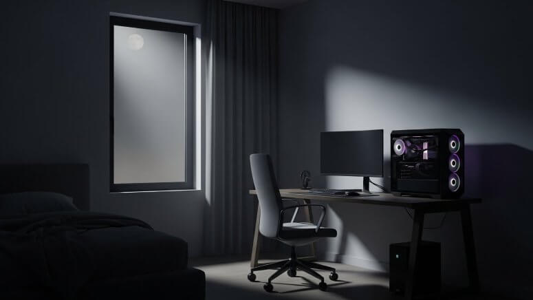 夜間にシャットダウンされ静かになったゲーミングPCとデスク