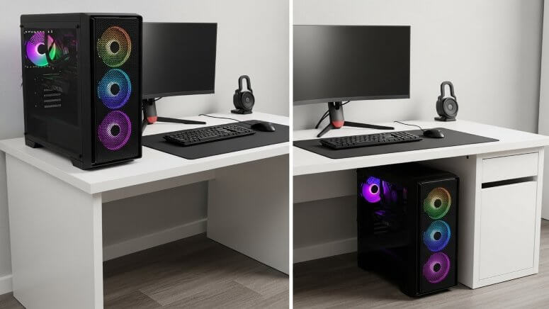 ゲーミングPCを机の上に置いた場合と机の下に置いた場合の配置比較イメージ