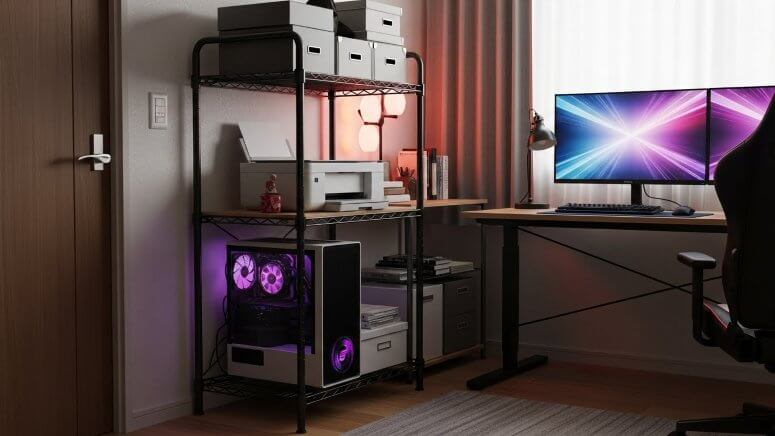 スチールラックを活用してゲーミングPCと周辺機器を縦に収納した狭い部屋のレイアウト