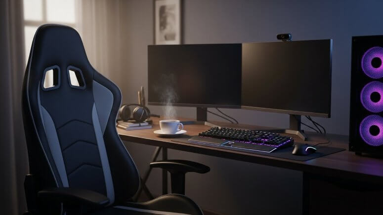 休憩中のゲーミングデスクとスリープモードのPC