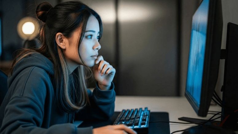 PCの設定画面を確認しメンテナンスを行う日本人女性