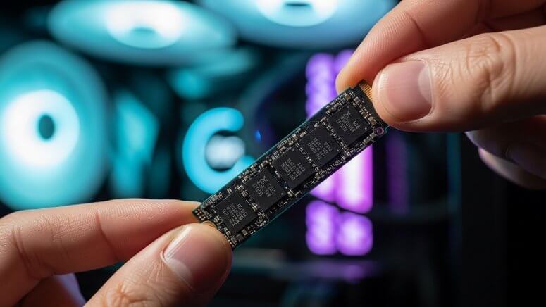 RGBライティングされたPCを背景に、M.2 SSDを手に持っている様子