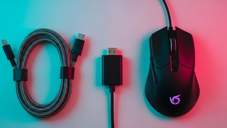 HDMI変換アダプタやケーブルなどの周辺機器がきれいに並べられたデスク上のイメージ