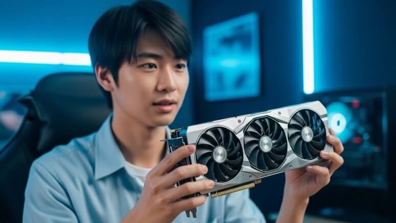 巨大なグラフィックボードを手に持ち、構造を確認している日本人大学生