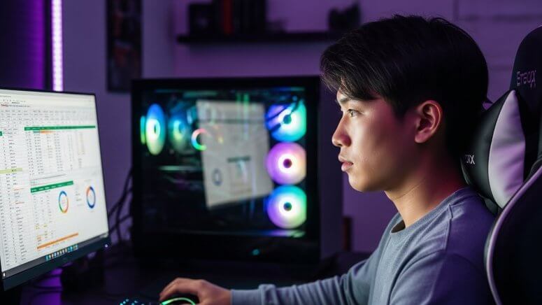 高性能なゲーミングPCでエクセルのデータ処理に集中する日本人大学生