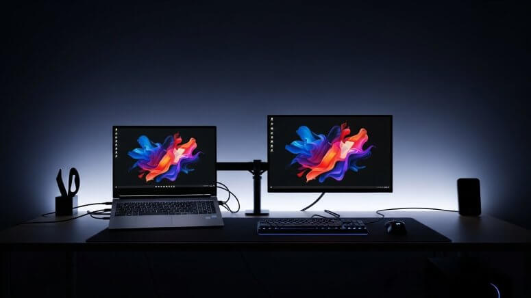 ゲーミングノートPCと外付けモニターを並べ、ケーブルを目立たせず配置したスタイリッシュなデスク環境