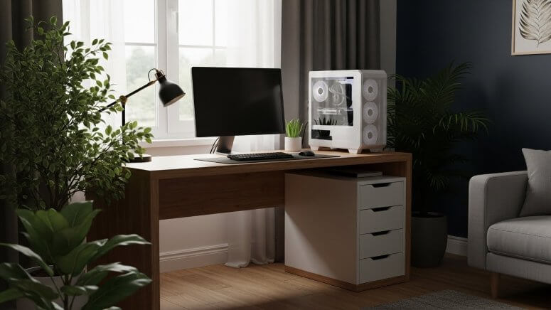 観葉植物と木製家具でインテリアに馴染ませたリビングのパソコンスペース