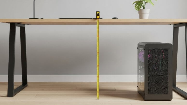 ゲーミングPCの配置を決めるためにデスク周りのスペースを計測している様子