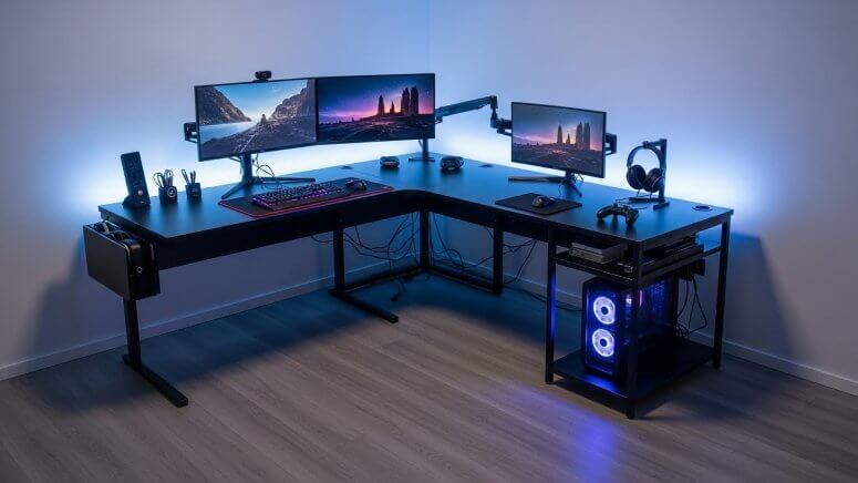 L字デスクとサイドワゴンを組み合わせた機能的なゲーミングPC環境の全体像